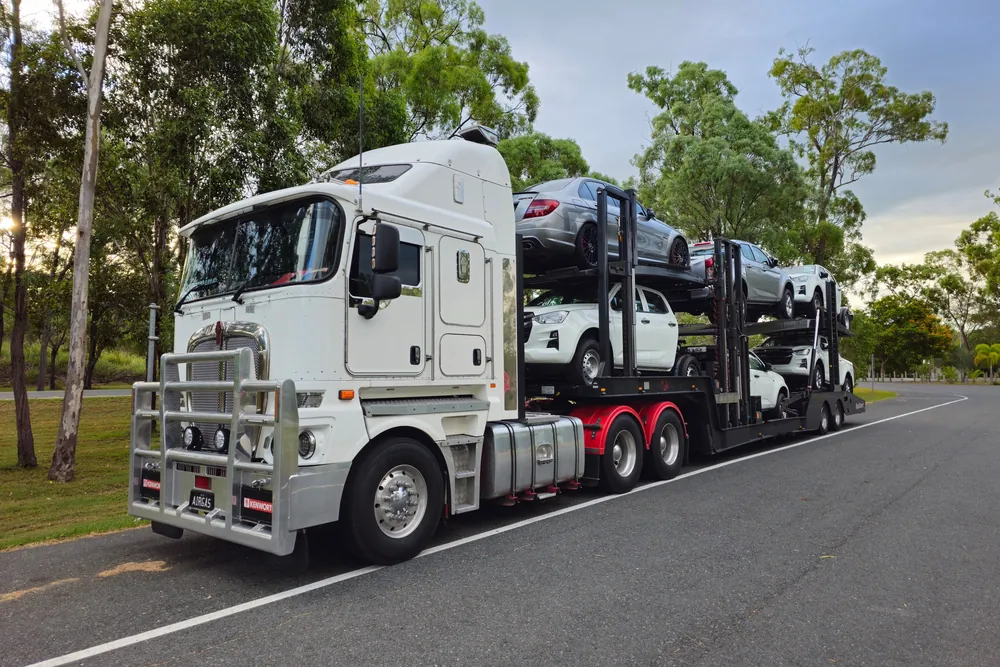 A white car-carrier truck loaded with cars on a tree-lined road